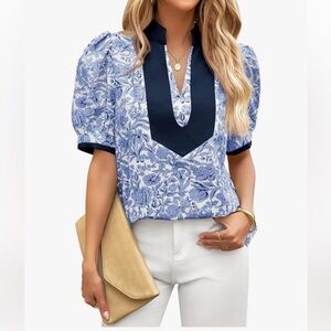 Blue Floral Puff Sleeve V Neck Blouse Boutique Top XL